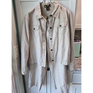 Mirasol Womens Jacket Capri Set Linen/cotton Sz L Khaki / Specks Of Gold
